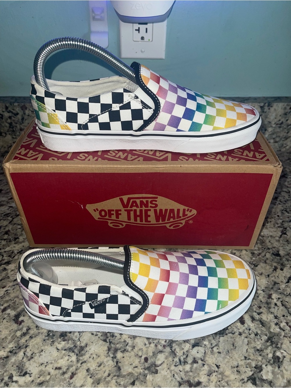 Vans Women’s Slip-On Checkerboard Rainbow Canvas Sneakers